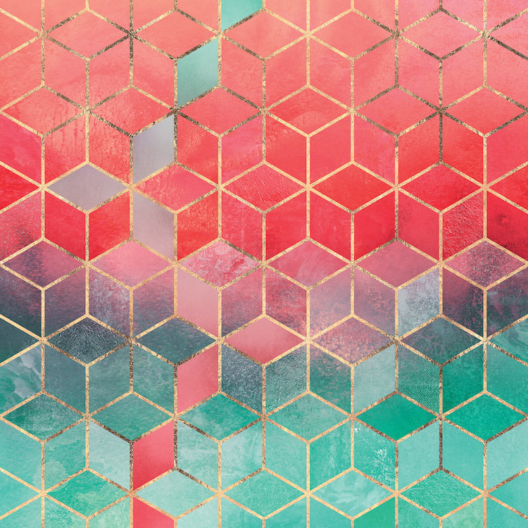 «Rose and Turquoise Cubes», impression sur toile, H 12 po x l 12 po x P 1,5 po, Toile tendue, Pas de tapis