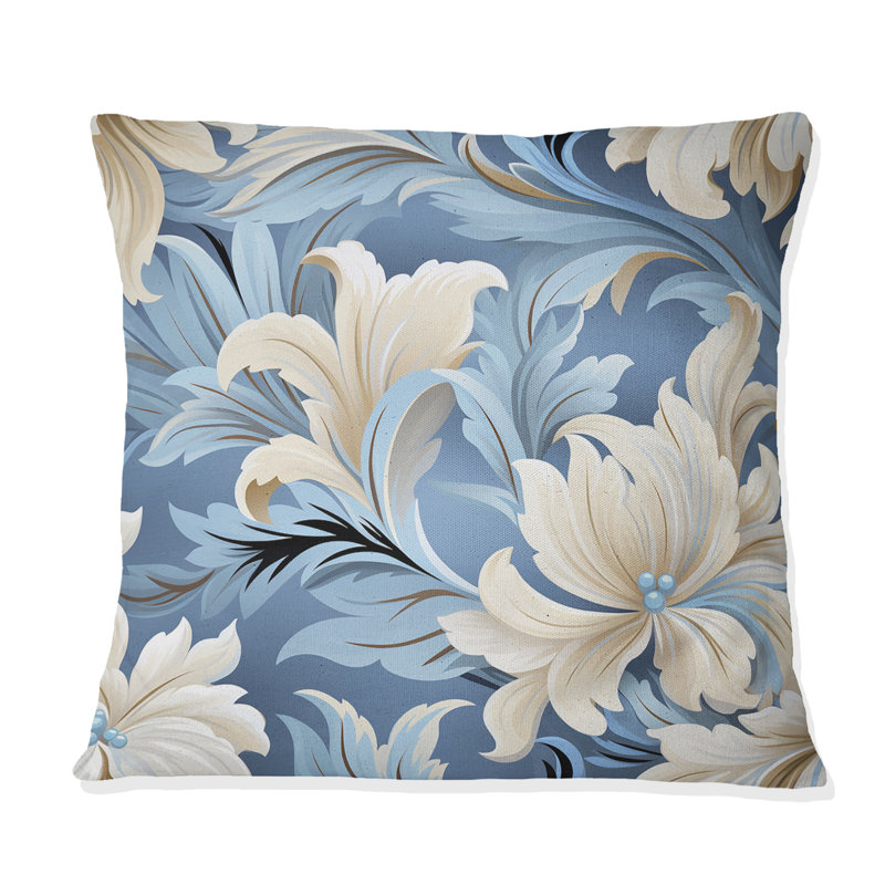 Blanc et bleu damassé en fleurs - Coussin Abstrait corail multicolore abstrait - Coussin, H 16 po x l 16 po