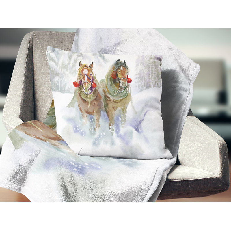 Chevaux qui courent en hiver - oreiller imprimé animal, 18 po x 18 po, Coussin décoratif