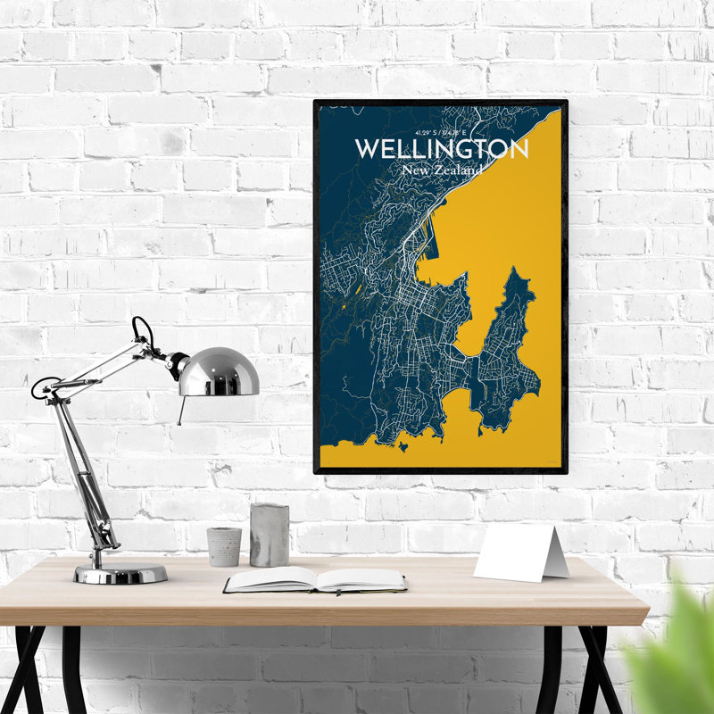 Wellington, carte de la ville, impression, H 36 po x l 24 po, Bleu / jaune