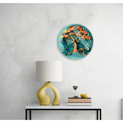Arbre de vie, horloge murale en verre trempé, grand Art de la nature, décoration de style Art - horloge moderne sarcelle et orange, cadeau d'anniversaire unique