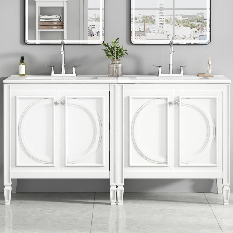 Meuble-lavabo de 60 po avec deux meubles-lavabos de 30 po, bois massif et construction, lavabo en céramique lisse, détails rétro, grand espace de rangement, lavabo double à fermeture en douceur, construction, tiroirs