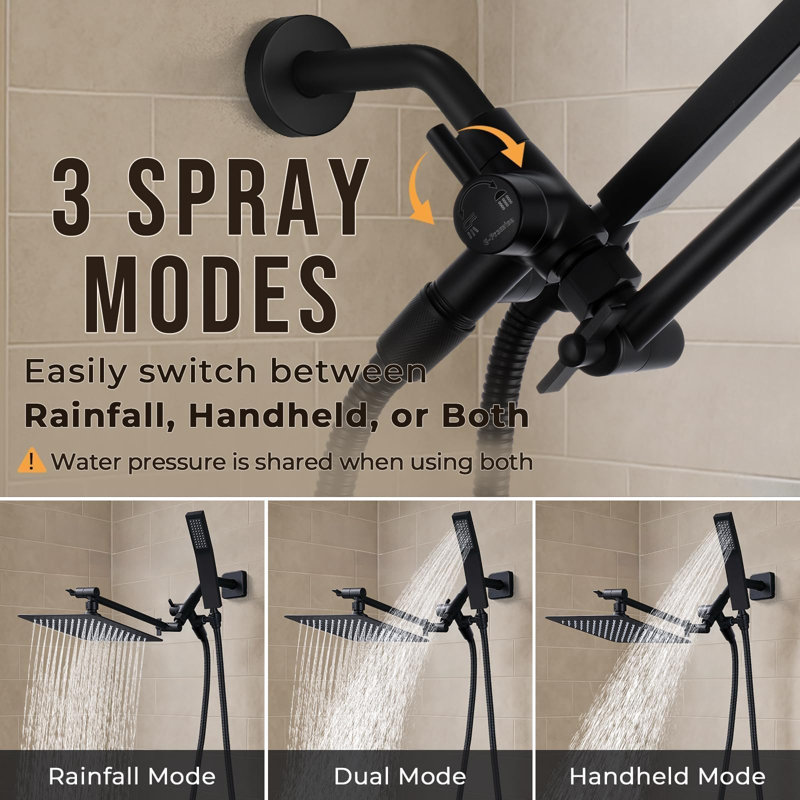 10" Dual Square Shower Head, 3-Way Diverter, 71" Extra Long Hose, Matte Black