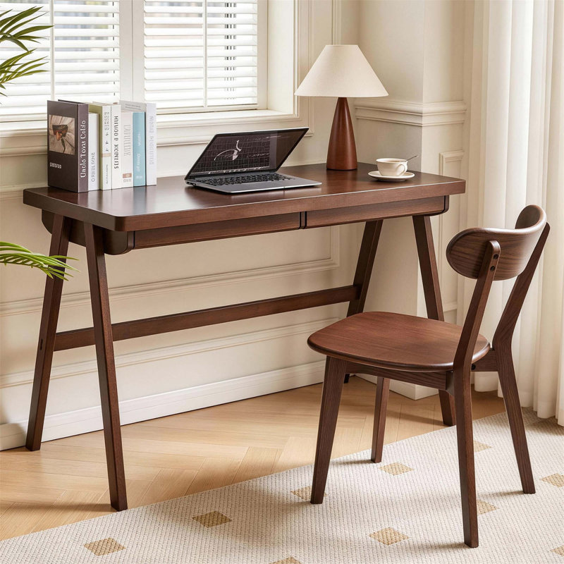 Bureau d'ordinateur en bois d'hévéa massif de 39,37 po - Table d'écriture rétro très épaisse de 1,38 po avec tiroir et pieds en A robustes