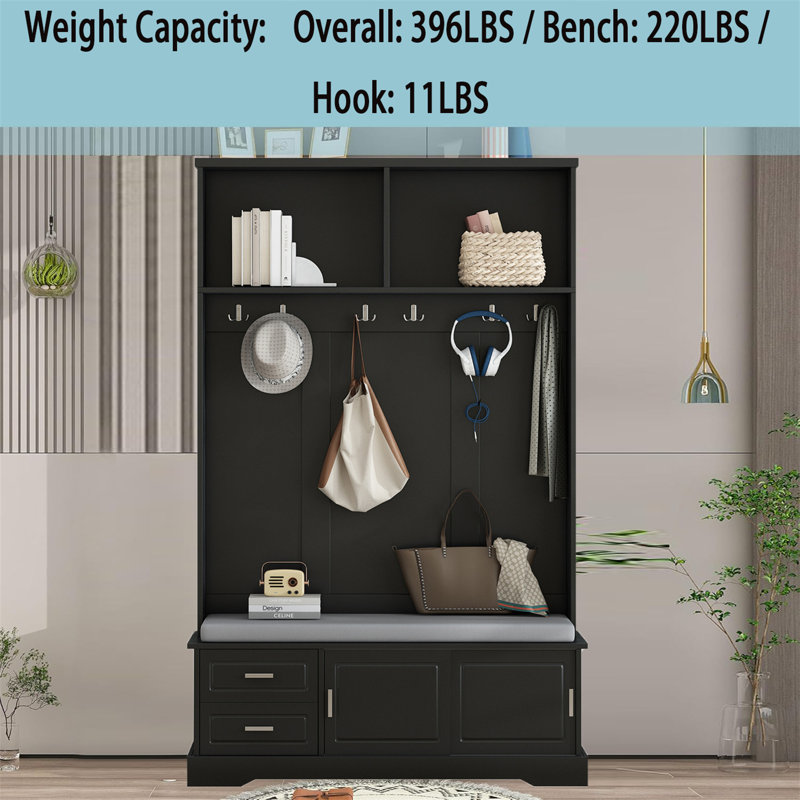 Hall Tree With Storage,Entryway Hall Tree With Bench And Doors,Hall Tree With Bench And Shoe Storage For Home, Black