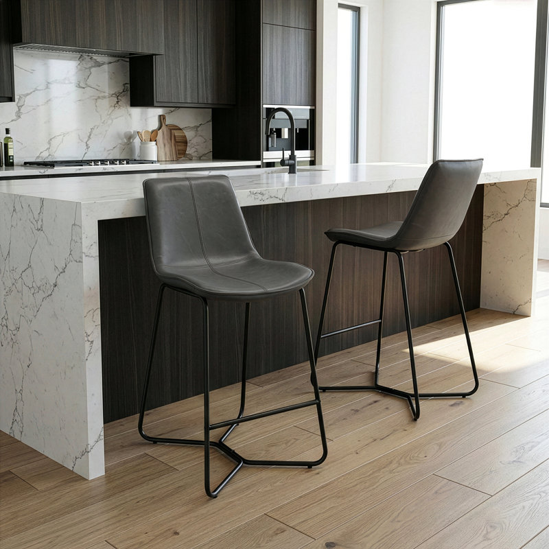 Alivia Upholstered Counter Stool with Metal Frame, Grey Faux Leather, Counter Stool (26" Seat Height)