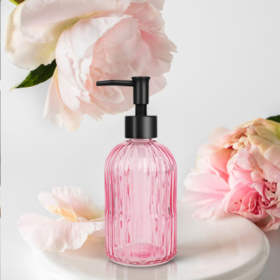 13.5 oz Vertical Striped Glass Hand Soap Bottle ( Pink )