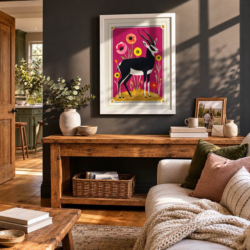 Deer Among Flowers Modern - Single Picture Frame Print, A4 - 29.7 x 21.0 cm, White