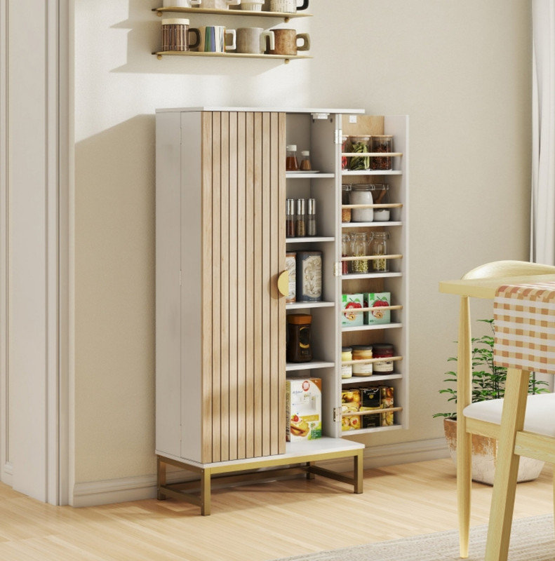 119.5 cm Kitchen Cupboard, Freestanding Kitchen Cabinet with Double Doors, 5 Tiers, 12 Spice Racks, White