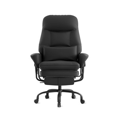 Fauteuil de direction haut dossier en cuir de polyuréthane avec repose-pieds rétractable, fauteuil de bureau ergonomique pivotant inclinable à 160 °, fauteuil d'ordinateur réglable en hauteur avec coussin lombaire, fauteuil de direction robuste pour bureau à domicile
