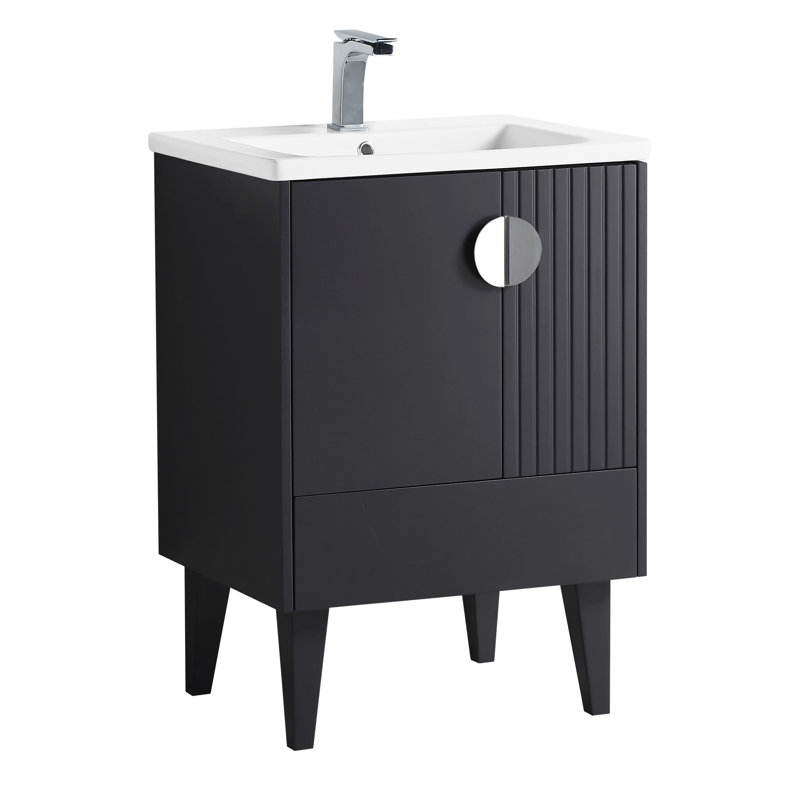Saimah 24'' Single Bathroom Vanity with Ceramic Top, Polished Chrome, Black