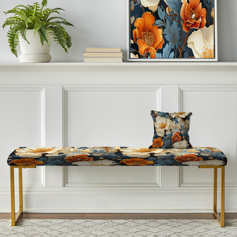 Banc floral rembourré or, Harmonie florale complexe beige