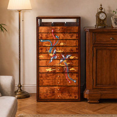 Armoire à bijoux vintage française en acajou massif à 9 niveaux (115 cm) – Peinte à la main, avec plusieurs tiroirs et grande capacité de rangement, meuble à bijoux autoportant léger et luxueux