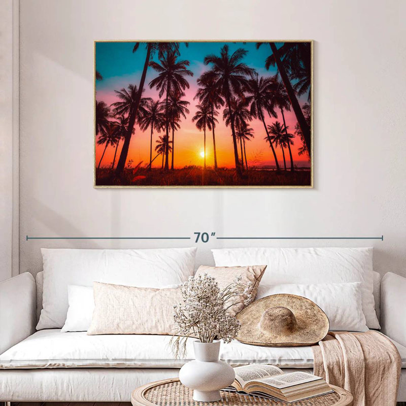 Silhouette coucher de soleil tropical, Cadre flottant en bois naturel, 43 po x 29 po