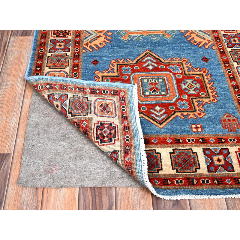 Tapis de couloir bleu en laine noué à la main 2 pi 10 po x 9 pi 7 po Kazak