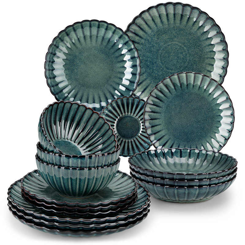 vancasso 16-Piece Petal Ceramic Dinnerware Set for 4, Stackable, Microwave & Dishwasher Safe, Green