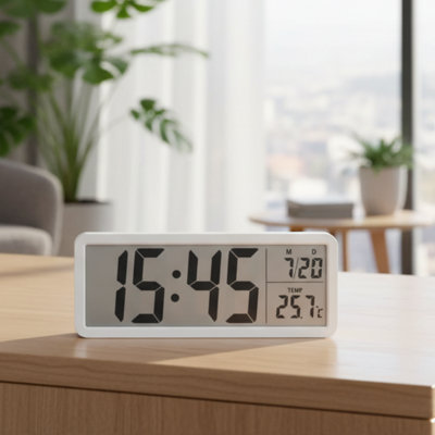 Horloge murale silencieuse, écran LCD minimaliste blanc, affichage de la température, alimenté par pile, sans pile, décoration moderne pour le salon / la chambre à coucher
