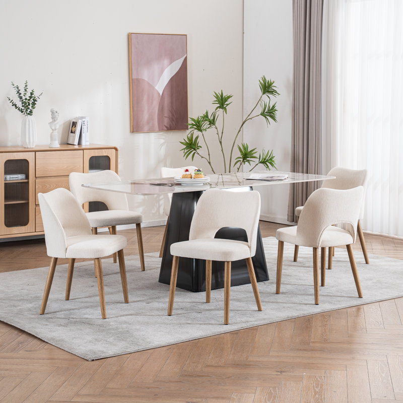 Chaise de salle à manger rembourrée moderne avec tissu en chenille et pieds en bois massif, Beige