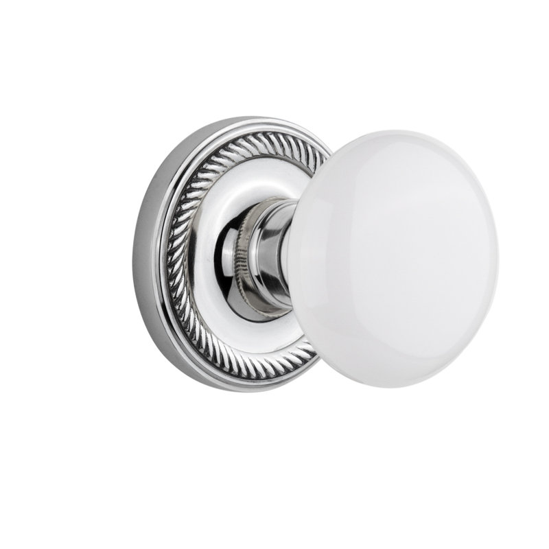 Rosette corde avec bouton de porte en porcelaine blanche, Chrome brillant