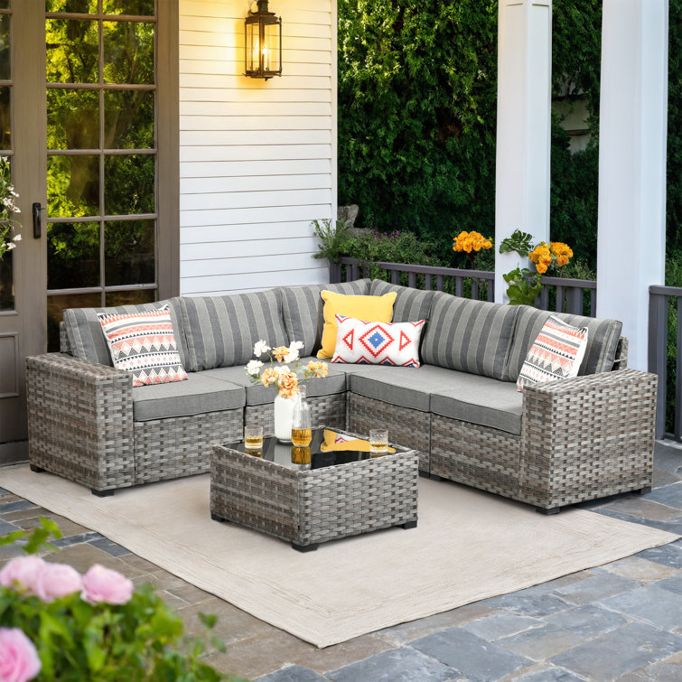 Baili 5 - Person Outdoor Wicker Sectional Seating Group with Cushions, Modern Modular Rattan Conversation Set, Patio Furniture Set with Wide Armrest