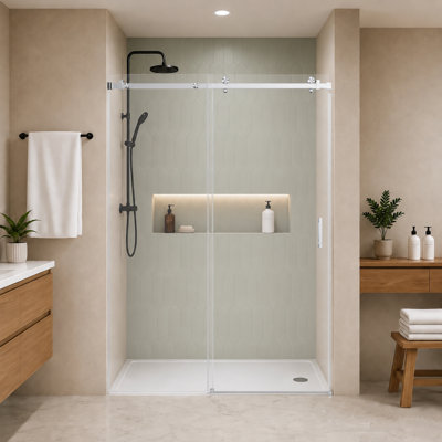 Porte de douche réglable sans cadre de 46 à 48 po, cabine de douche coulissante simple en verre trempé avec design réversible, nickel brossé
