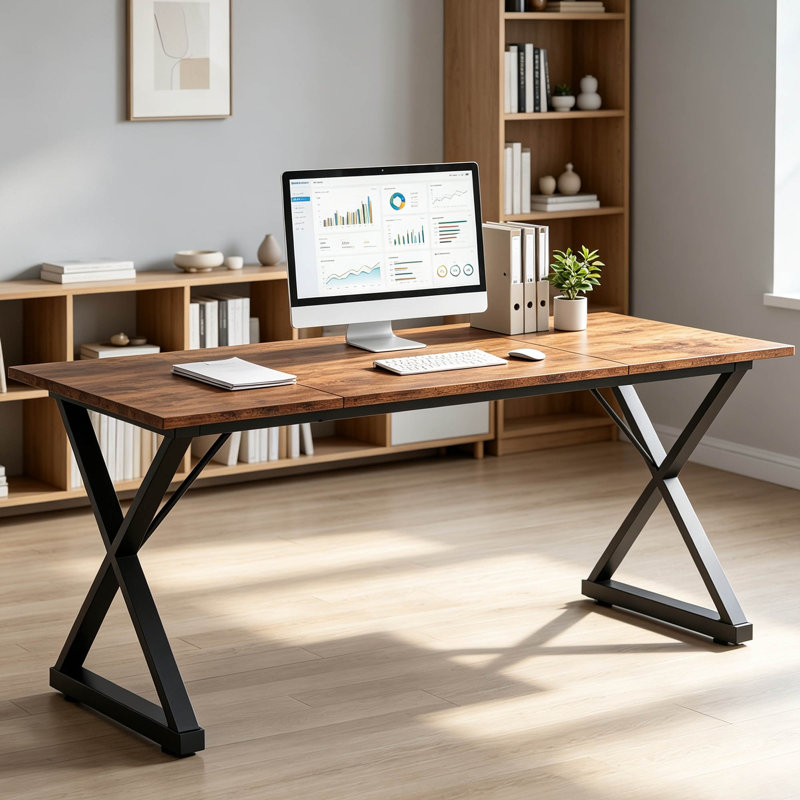Bureau de direction 71 po avec structure en métal et finition en bois rétro, grand bureau d'ordinateur avec une capacité de 360 lb pour le bureau personnel - Table d'écriture ergonomique avec pieds réglables