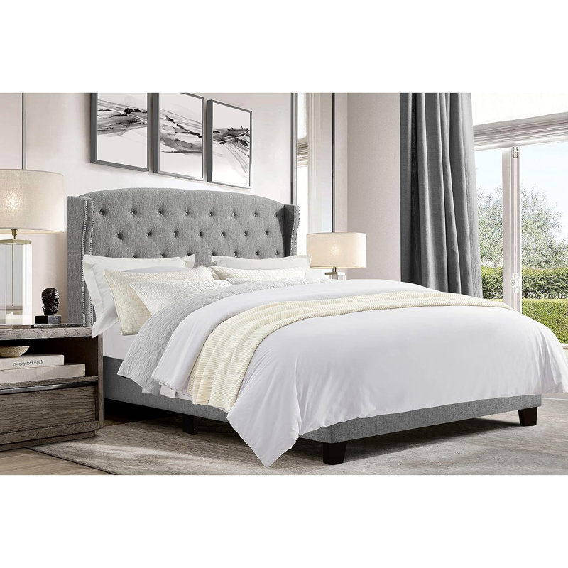 Bed Frame With Tufted Headboard/Fabric Upholstered, Gray, Full