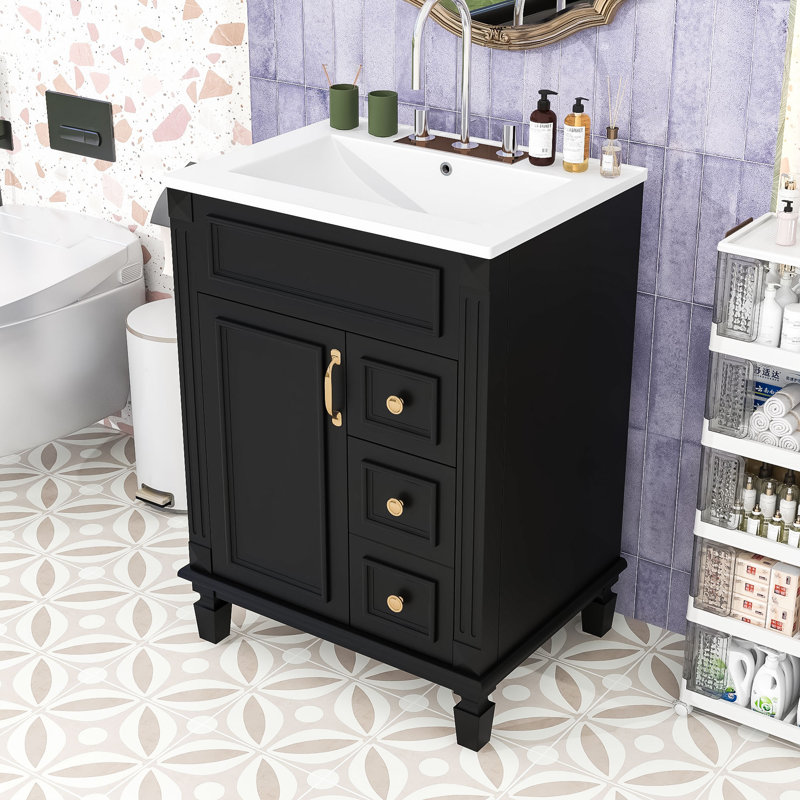 Meuble-lavabo avec lavabo en céramique, 2 tiroirs et tablette réglable, Noir