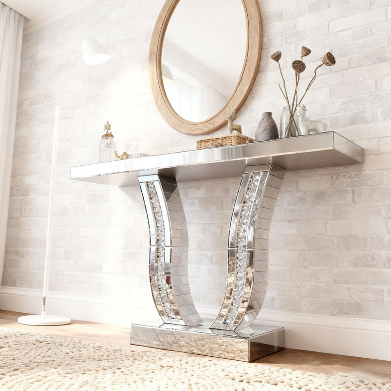 Console à miroir de 43 pouces, canapé d'entrée moderne en argent avec pieds courbés incrustés de pierre