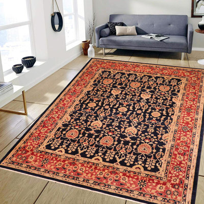 Tapis oriental bleu et rouge en laine noué à la main 8 pi 4 po x 10 pi Abbigail