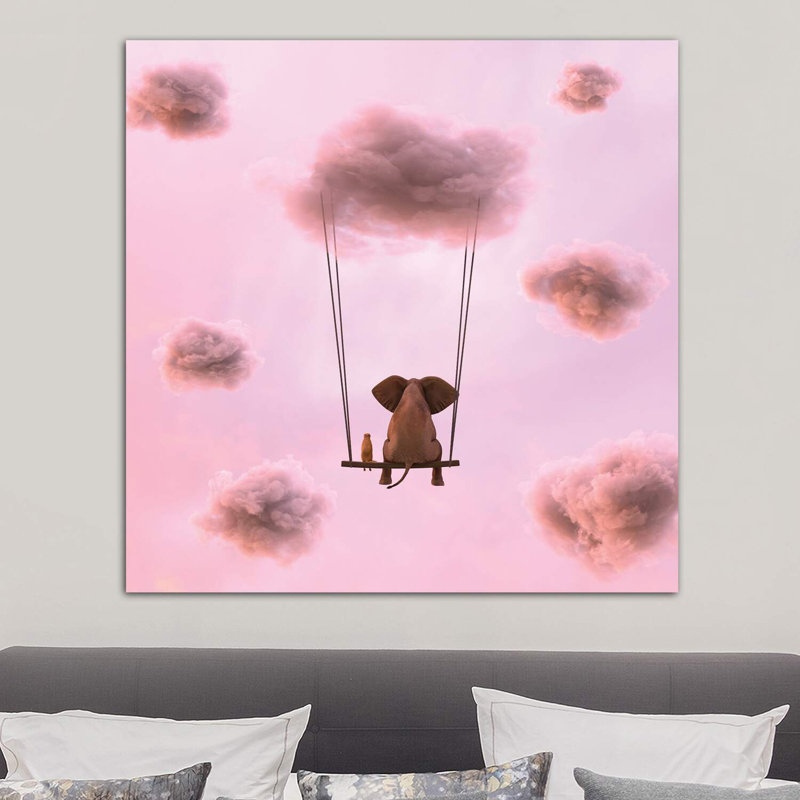 Elephant And Dog Are Flying On A Cloud by Mike Kiev - Wrapped Canvas Print, 93.98 cm H x 93.98 cm W x 1.91 cm D