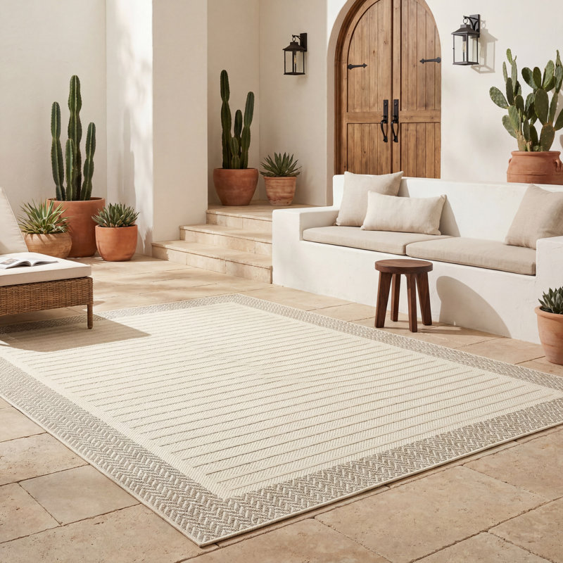 Tapis intérieur / extérieur beige / ivoire à rayures linéaires moderne Tavraj, Beige / ivoire