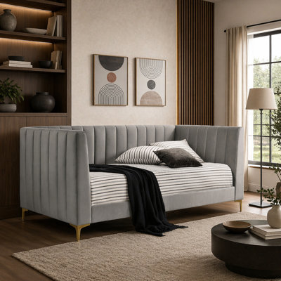 Contemporary Style Tuxedo Inspired Seating Daybed Attached Gold Metal Legs Channel Tufting Light Gray Finish