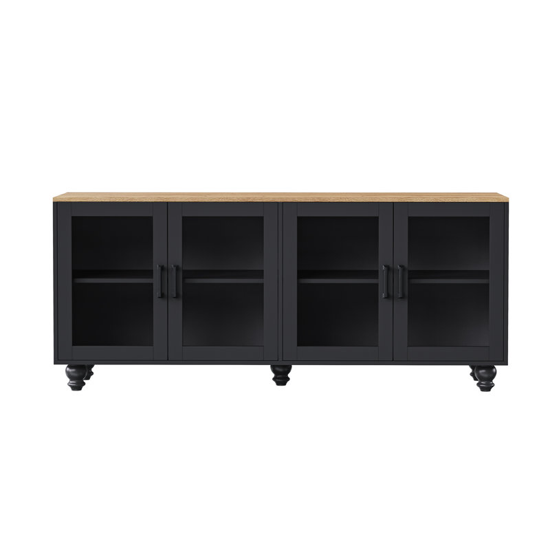 Farmhouse TV Stand With Tempered Glass Doors For 70 Inch Tvs, Sideboard Buffet Cabinet With Adjustable Shelves, Black | Gift Idea