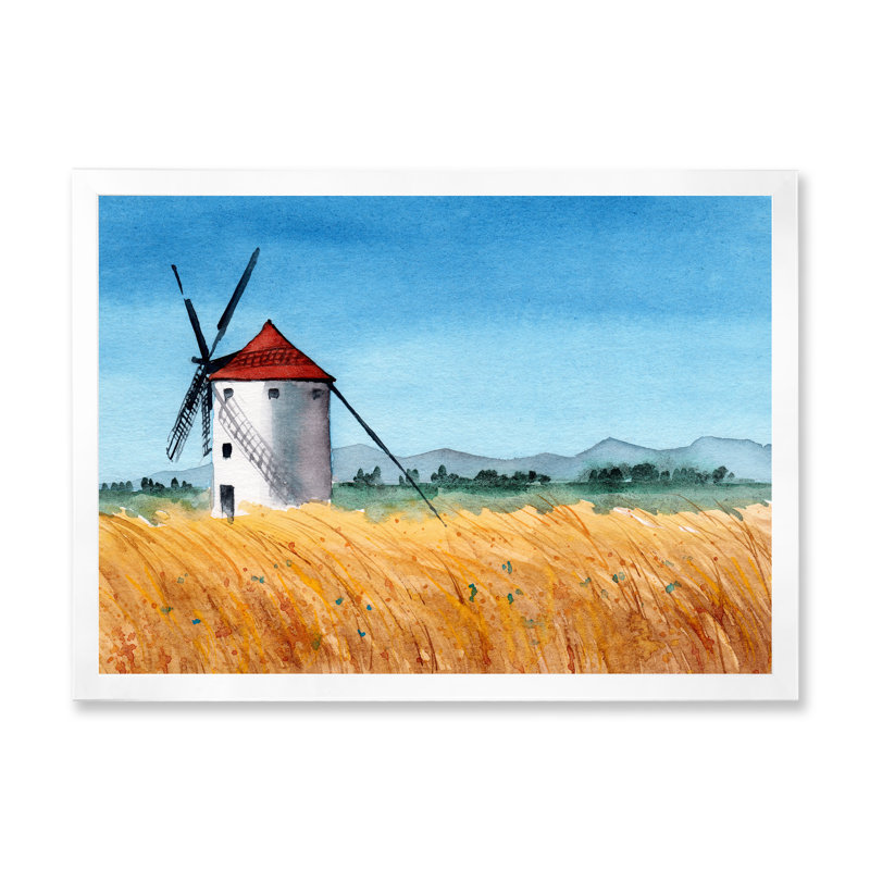 Paysage avec un moulin à vent debout dans un champ de blé - peinture sur toile, H 30 po x l 40 po, Cadre photo blanc