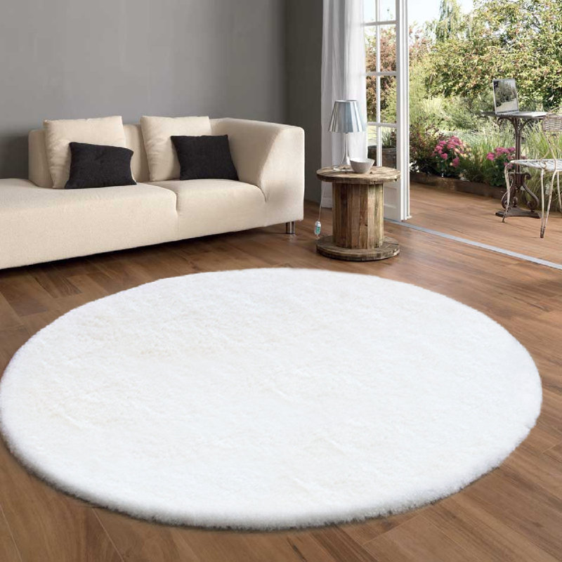 Holk Cozy Faux Rabbit Fur Area Rug Machine Washable Rug in White, Round 6'