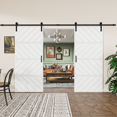 72" x 84" Black Double Modern Wave Design Sliding Barn Door with Installation Hardware Kit(Easy Assembly)