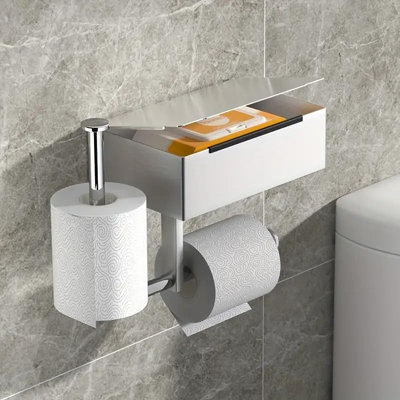 Porte-papier hygiénique mural moderne avec boîte de rangement, métal argenté, capacité de rouleau double avec tablette pour téléphone
