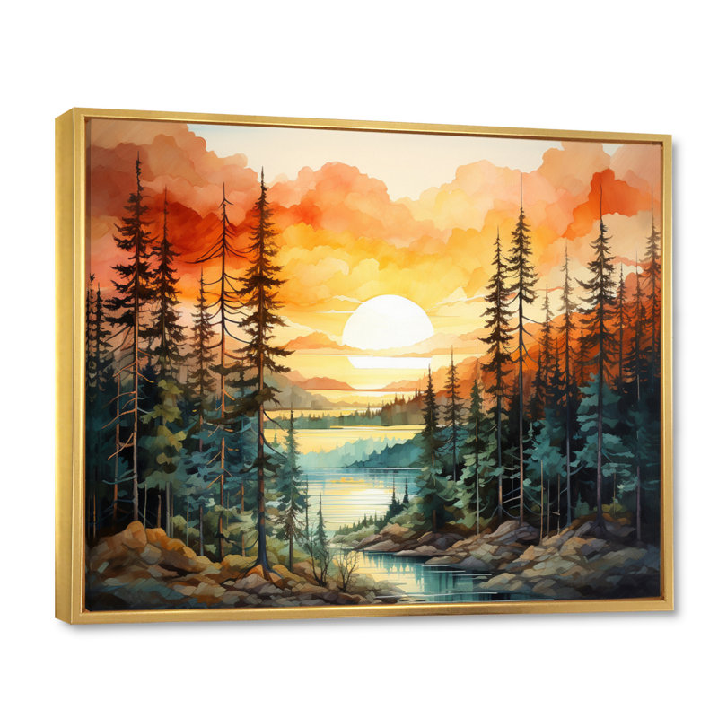 Pin, coucher de soleil brillant II - Pin, art mural, H 34 po x l 44 po, Cadre flottant doré