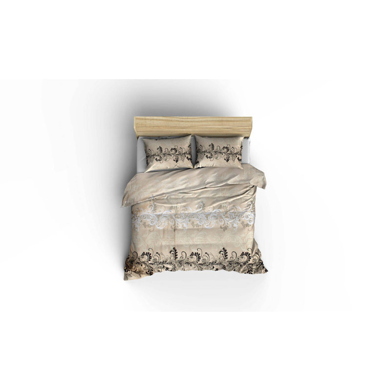 Ensemble de housse de couette 100% coton beige / brun 3 pièces Denise, Housse de couette double + 2 taies d'oreiller stan
