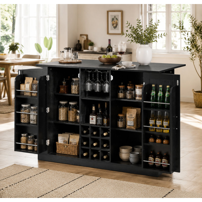 U-Shaped Integrated Bar & Sideboard — Home Dining Unit Featuring Foldable Countertop, Built-In Power Outlets, Double-Door Storage, Wine Rack, And Stemware Holder