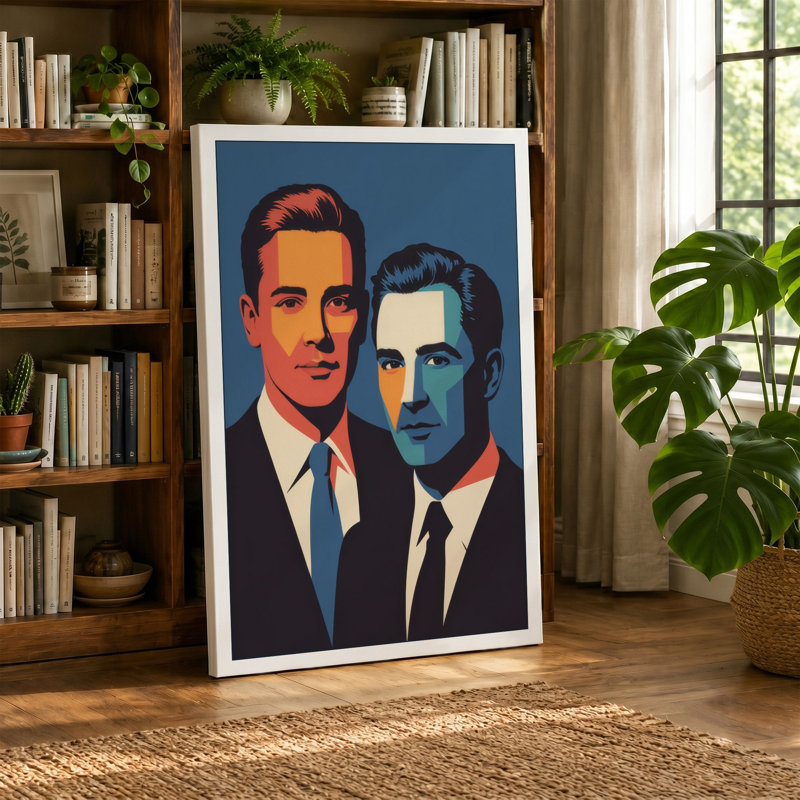 Two Men in Formal Attire Pop Art 1 Piece Wrapped Canvas Wall Art, 36x24 - 91.4 x 61.0 cm, Ochre Border
