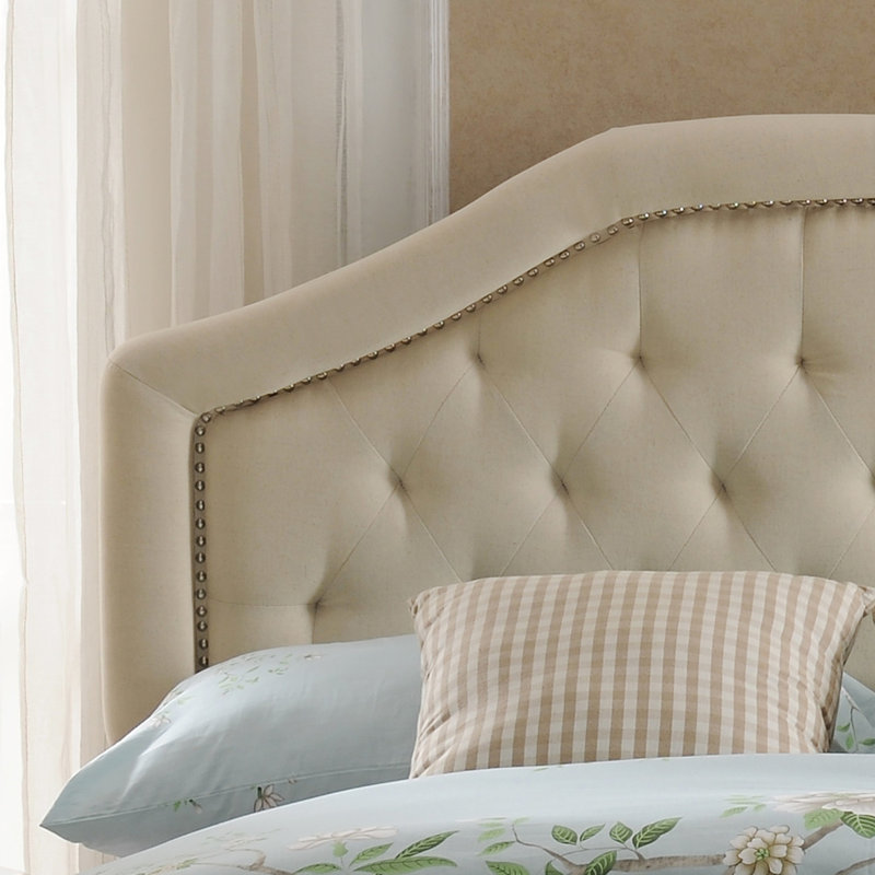 Queen Headboard With Contemporary Flair - Button Stitching And Diamond Pattern Nailhead Accented Beige Upholstered Assembly Required For Bed Stitch Detailing Accents
