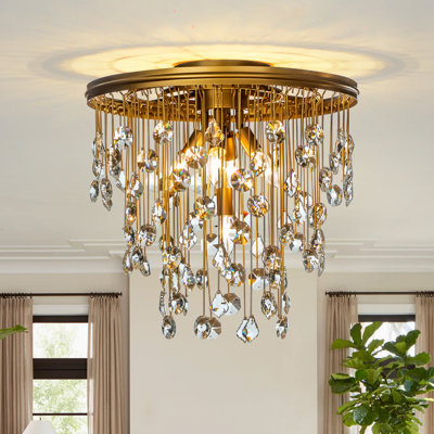 Jacaden 5-Light  Antique Brass Mid-Century Modern Round Tiered Flush Mount Elegant Crystal Dining Room Ceiling Lights