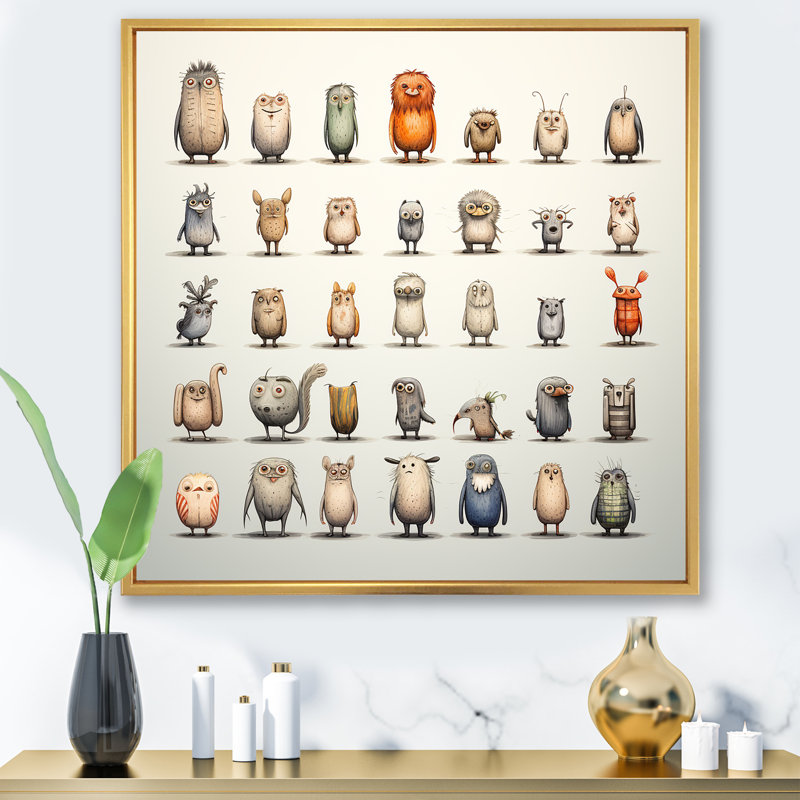 «Gray Childrens Monsters Nursery Motif I», reproduction d'art murale animaux, Cadre flottant doré, H 16 po x l 16 po x P 1 po