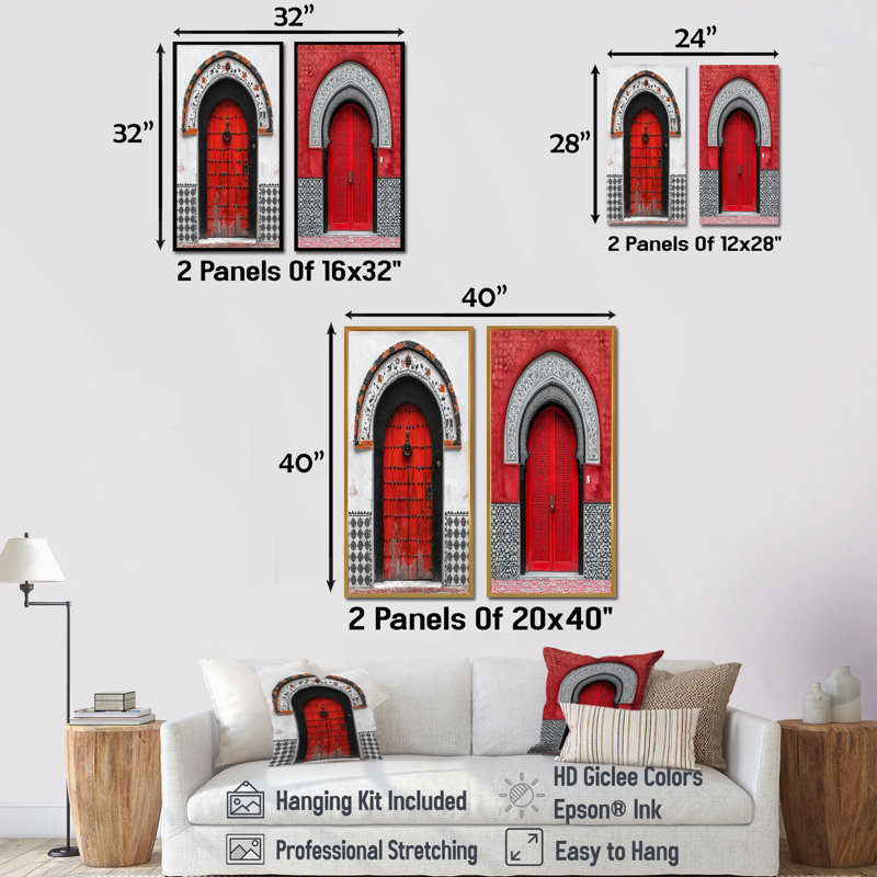 Porte marocaine dans les tons rouges I - ensemble d'art mural marocain 2 pièces, Toile tendue, H 28 po x l 24 po