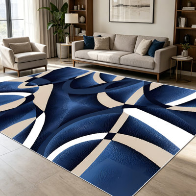 Tapis à motifs géométriques abstraits et modernes à motif géométrique bleu marine et beige de 1 pièce pour le salon, doux et confortable, convenant à toutes les saisons, facile à entretenir, lavable à la machine, tapis de table sous la table convenant à la salle à manger ...