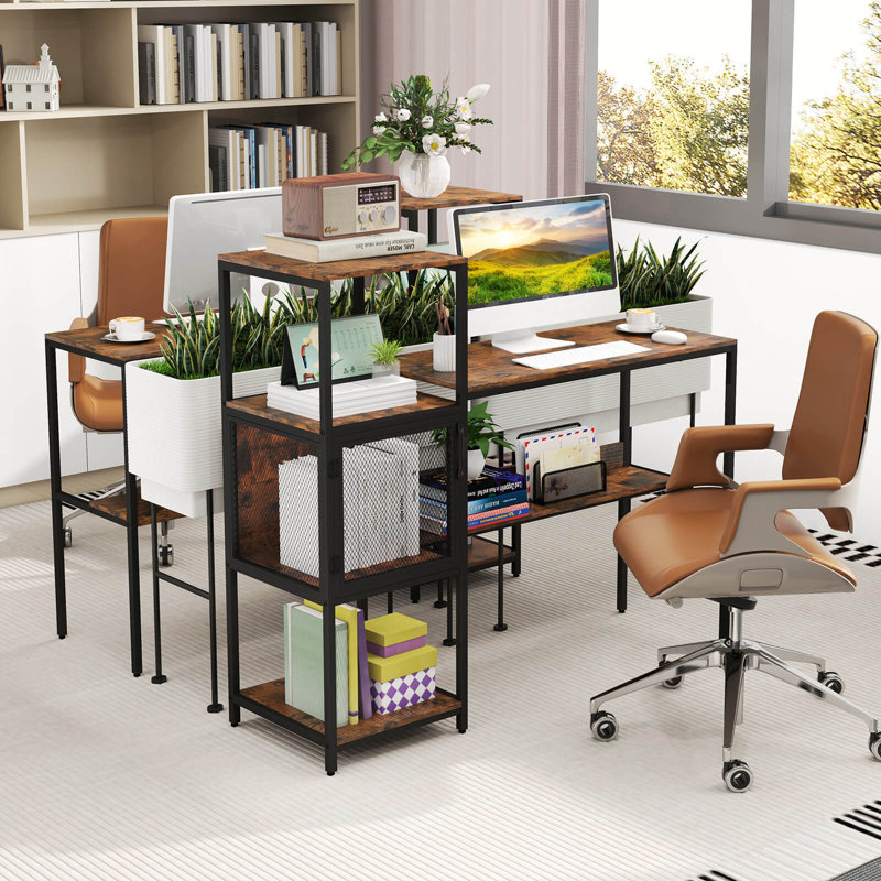 Computer Desk With Bookshelf Large Wide Desktop Storage Shelves Metal Frame