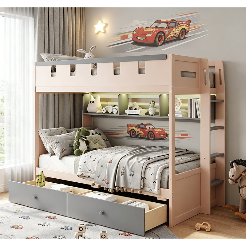 Lit superposé simple de style château avec 2 tiroirs, tablette et DEL, parfait pour l'imagination des enfants et l'efficacité de l'espace