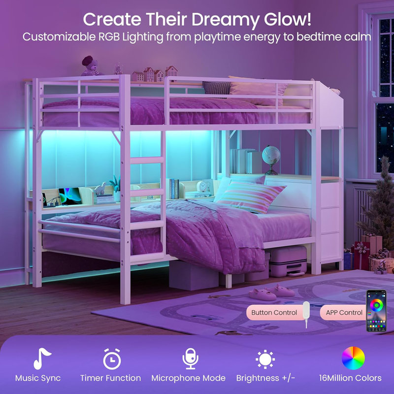 Twin Over Twin Bunk Bed With Led Lights, Charging Station And 6 Storage Drawers, Heavy Duty Metal Bunk Bed With Side Storage Shelves And Boxes For Teen, Twin Bunk Bed Frame With Full-length Guardrail And Ladder, White